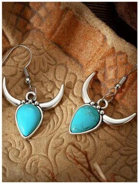 American West Inspired Earrings Inlaid Turquoise Texas Longhorn Bull Horns